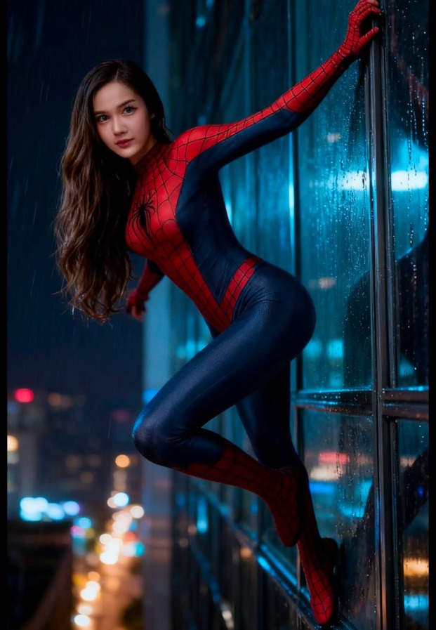 อาย รมิดา ในชุดคอสเพลย์บอดี้สูทฉากหลังเมืองยามค่ำ
